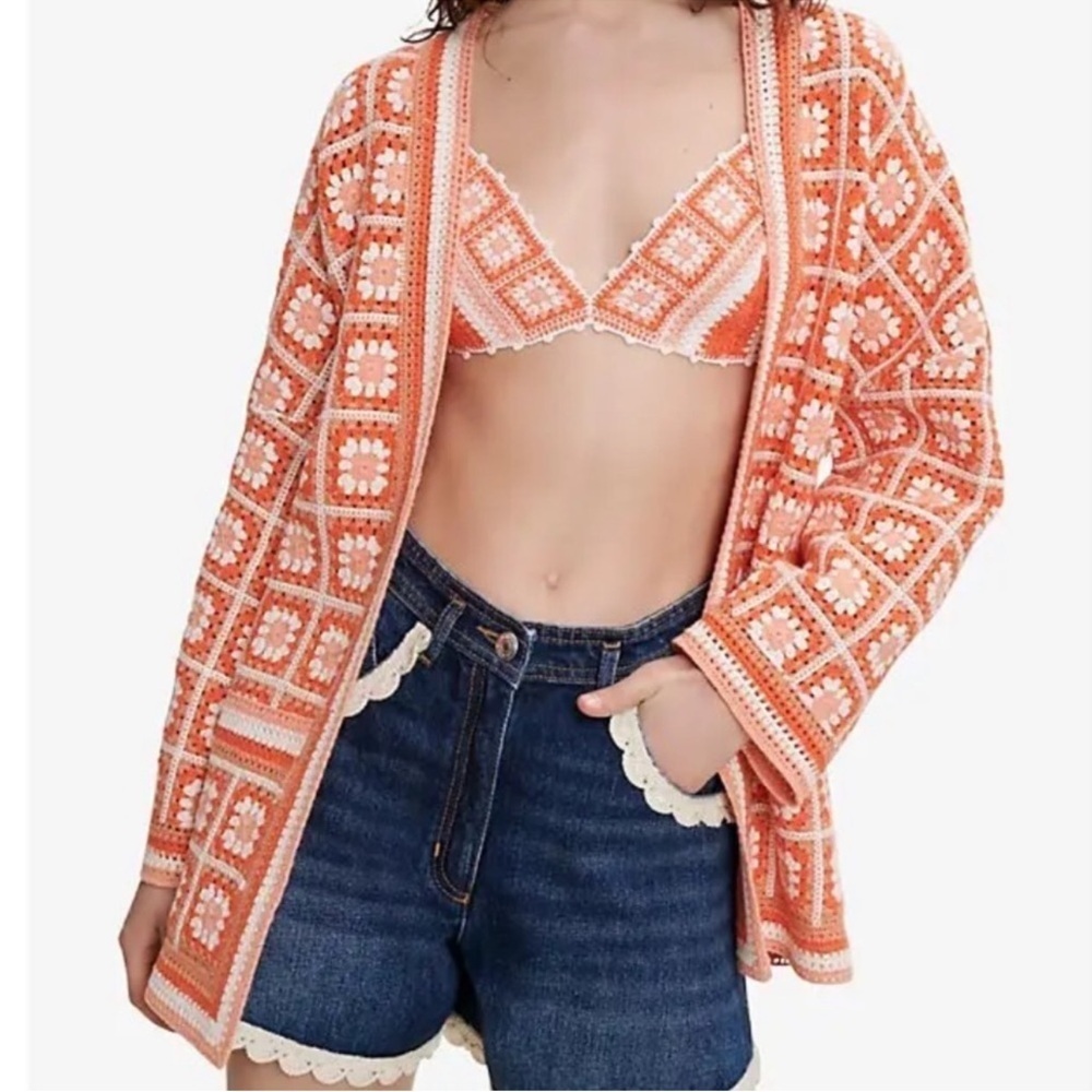New with tags size 1- small Maje Fringe crochet orange sweater cardigan so cute